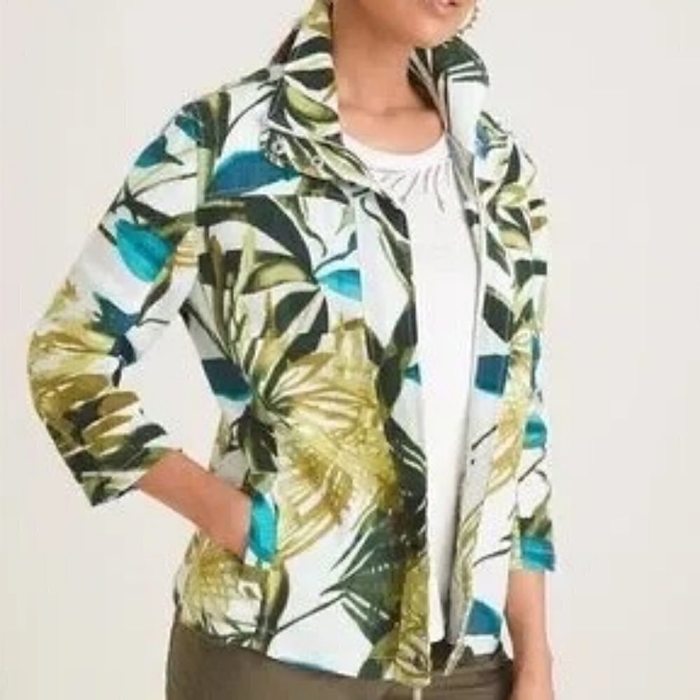 Chico's Zip Front Tropical Print Linen Jacket Size 0